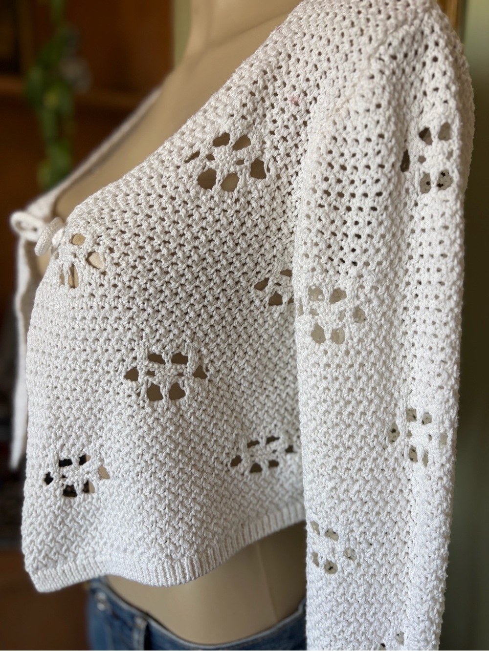 Open Crochet White Tie-Front Hippie Beachy Cardigan Boho Sweater Top Size M - Picture 9 of 16